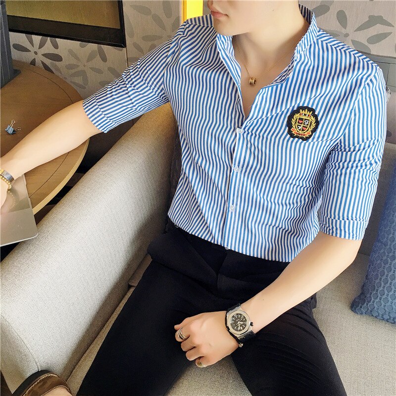Stribe skjorte herre halværmet slim fit sommerskjorter herre skjorter camisetas masculina camicia uomo retro skjorte
