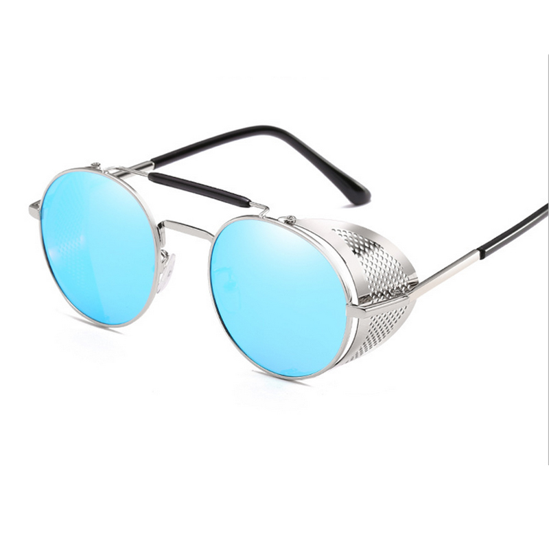 Retro Round Steampunk Sunglasses Men Women Side Shield Goggles Metal Frame Gothic Mirror Lens Sun Glasses: SILVER BLUE
