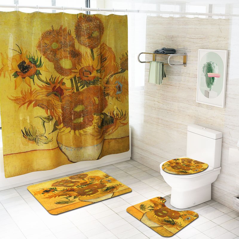Zeegle-rideau de douche avec tapis de bain | Rideau de bain en tournesol, tapis sur pied antidérapant, tapis de sol, paillasson lavable, tapis de pieds et de toilettes: YL87