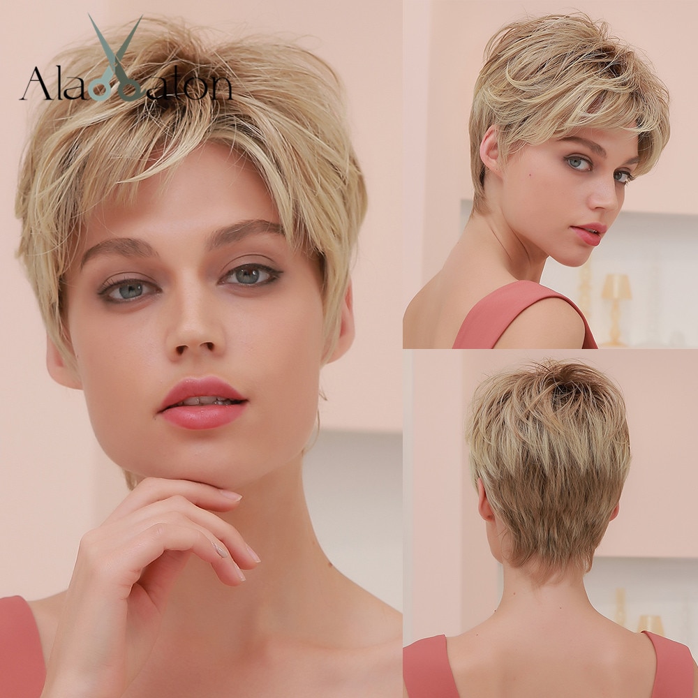 ALAN EATON Lace Front Wigs with Bangs Natural Layered Ombre Black Brown Blonde Pixie Cut Short Straight Lace Hair Wigs for Women