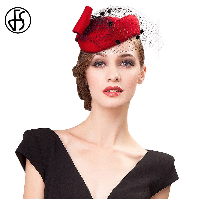 Fs sort hat til kvinder slør vintage uldfilt pilleæske hatte fascinator dame rød bryllup cocktail hatte sløjfe derby fedora