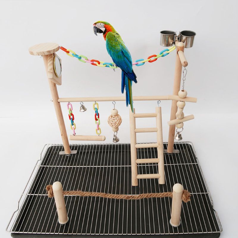 Espejo con pájaro loro soporte de juego Cockatiel parque infantil perca de madera escalera de gimnasio alimentador tazas columpio escalada ejercicio juguetes suministros para mascotas