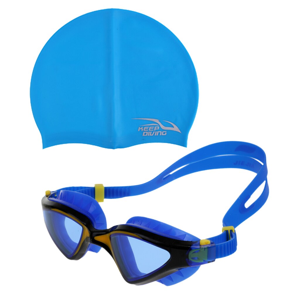 Blauw Uv-bescherming Anti-Fog Zachte Siliconen Zwembril Eyewear & Elastische Badmuts Mannen Vrouwen Zwemmen Apparatuur