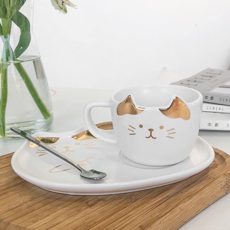 200ML Keramik Kaffee Tasse und Untertasse setzt SchöNe Gold Katze Kekse Kaffee Becher mit Wüsten Platte Büro oder hause