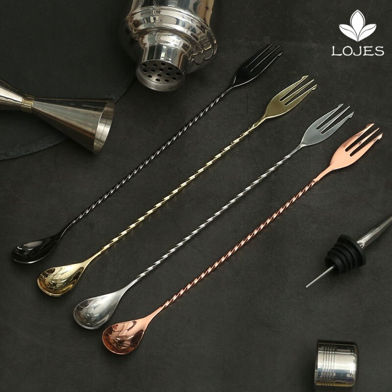 400mm Cocktail Bar Spoon 304 Stainless Steel Bar Spoon With Fork Twisted Mixing Stir Spoon Bar Tool
