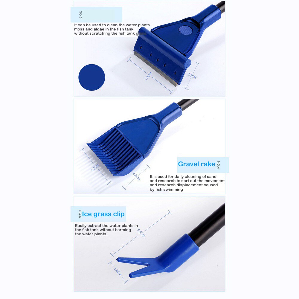 5In1 Aquarium Cleaning Tools Set Fish Tank Net Gravel Rake Algae Scraper Fork Sponge Brush Glass Cleaner 54-80cm Telescopic Pole
