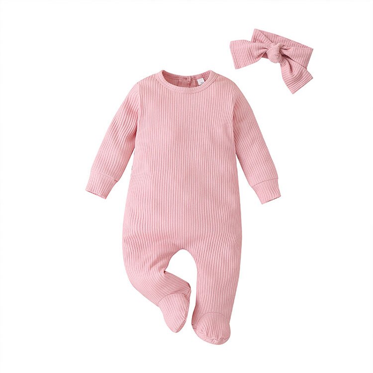Macacão infantil de algodão, macacão de algodão da moda para bebês recém-nascidos de manga longa, com lenço e roupas infantis para primavera e outono, 0-9 meses: Pink / 9 m
