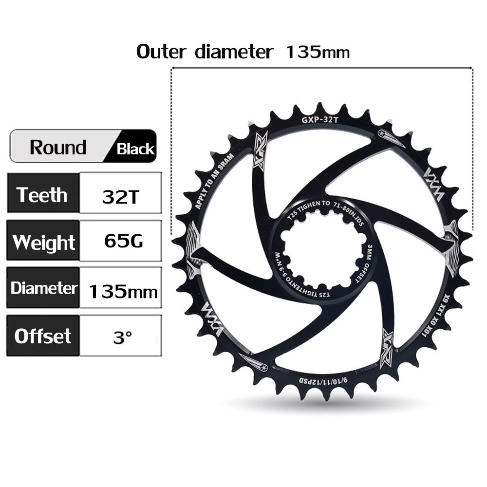 Vxm mtb fiets kettingblad smal breed fiets 30t/32t/34t/36t/38t kettingbladen voor sram 8/9/10/11/12s nx xx xo gx gxp 11 x1 offset 3mm: 32t ronde gxp