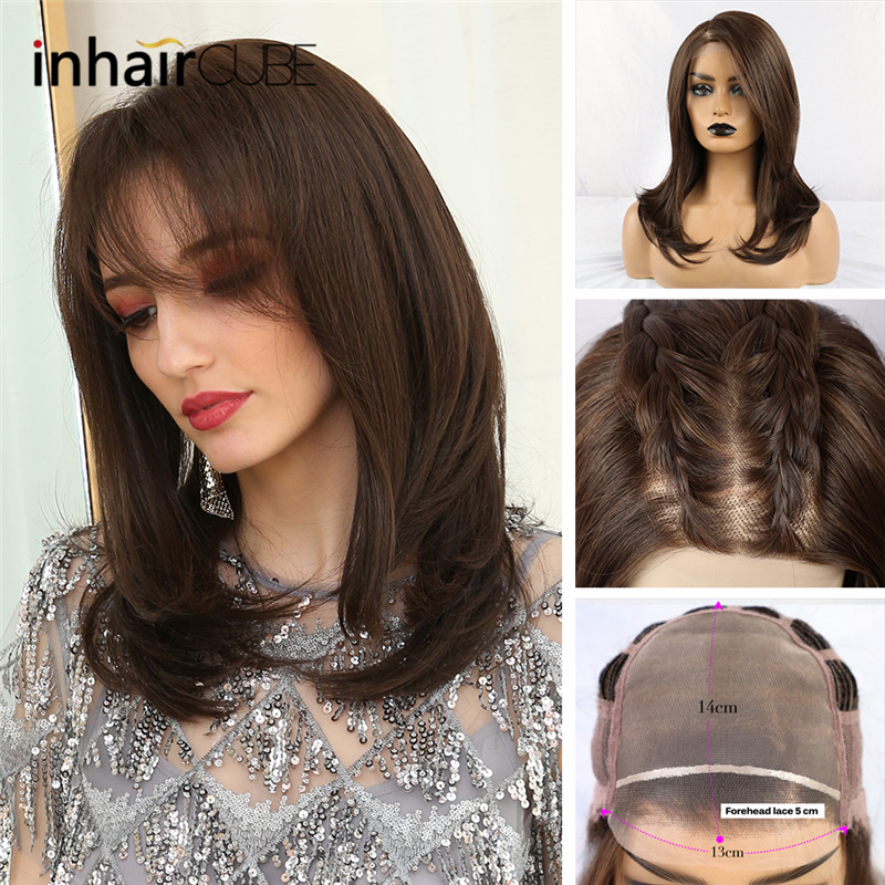 Pelucas de encaje frontal sintético Inhaircube con reflejos de 20 pulgadas, pelo liso Natural largo marrón para mujeres afroamericanas