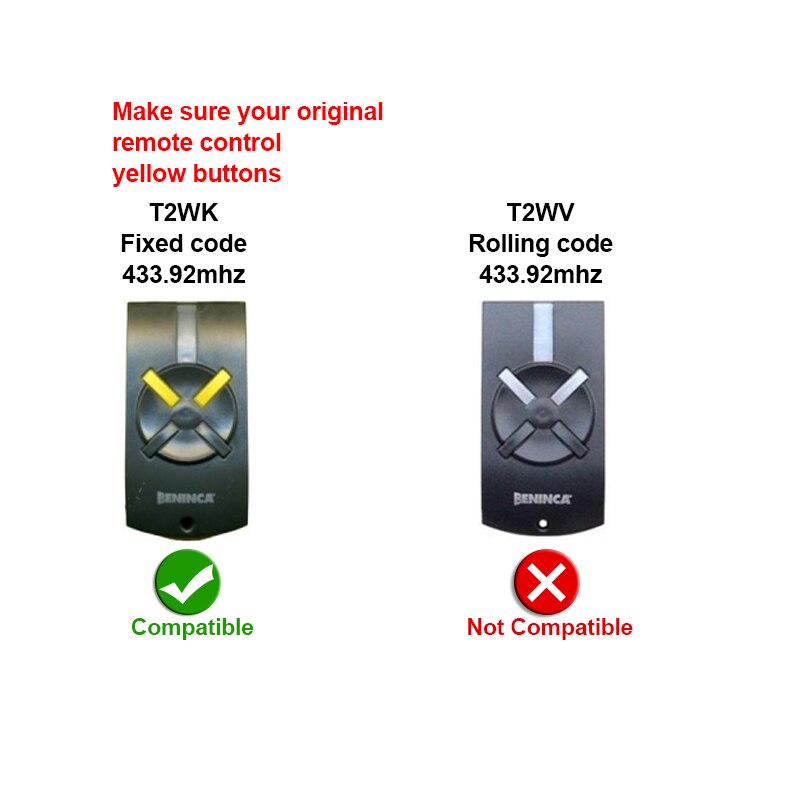 BENINCA T2WK T4WK TO.GO 2WK | TO.GO 4WK télécommande de porte de garage 433MHZ, commande de porte à code fixe clone, porte-clés de commande
