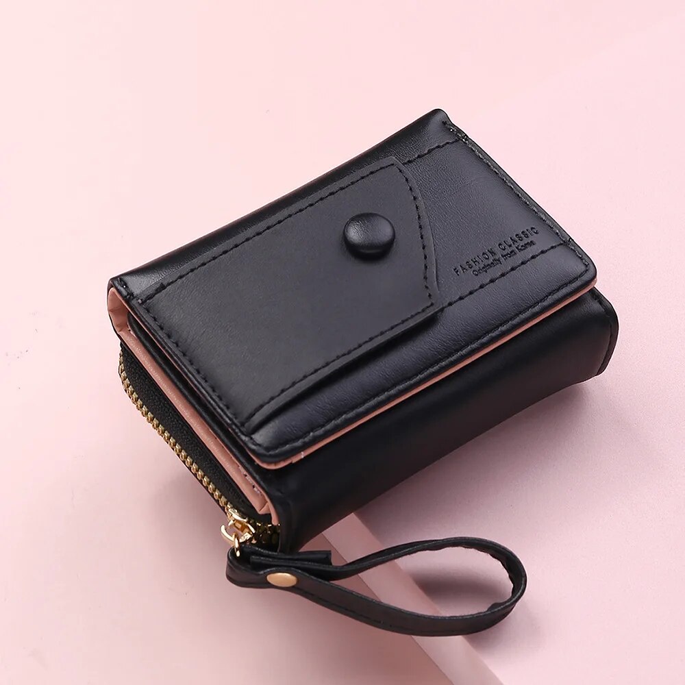 Four Seasons Women's Short Wallet Zipper Tower Buckle Zero Wallet Girl Student Handheld Bag Solid Color Simple Versatile: black
