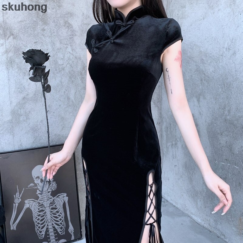 Satijn Gothic Vrouwen Stijl Cheongsam Chinese Traditionele Qipao Split Jurk Retro Elegante Vintage Mode Oosterse Kleding
