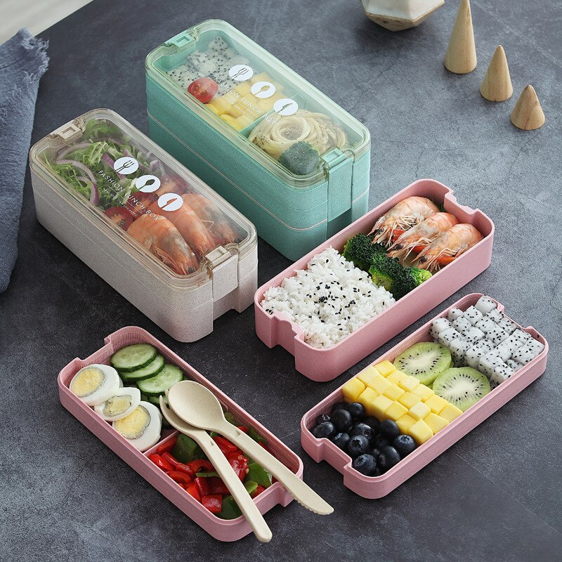 Wheat Straw 3 Layer Lunch Box Microwavable Heating Bento Box for School Children's Snack Fruit Salad Portable Food Containers