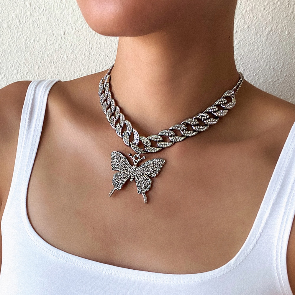 Collar de cadena de mariposa de eslabones cubanos, cadena con diamantes de mariposa, Gargantilla para mujer, joyería de hip hop, accesorios de joyería de hielo