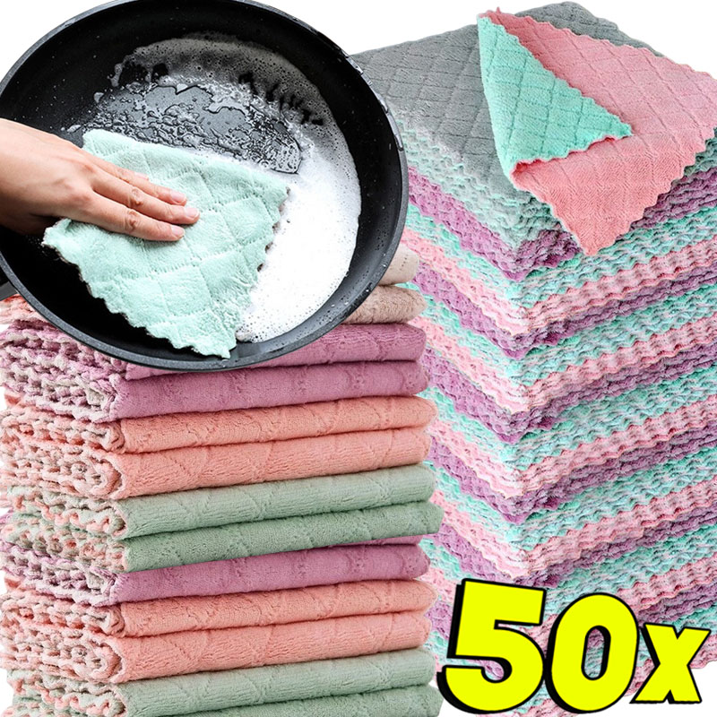 Super Absorbent Microfiber Towel Kitchen Cleaning Cloth Non-stick Oil Dishcloths Double Layer Washing Cloths Rags Scouring Pads