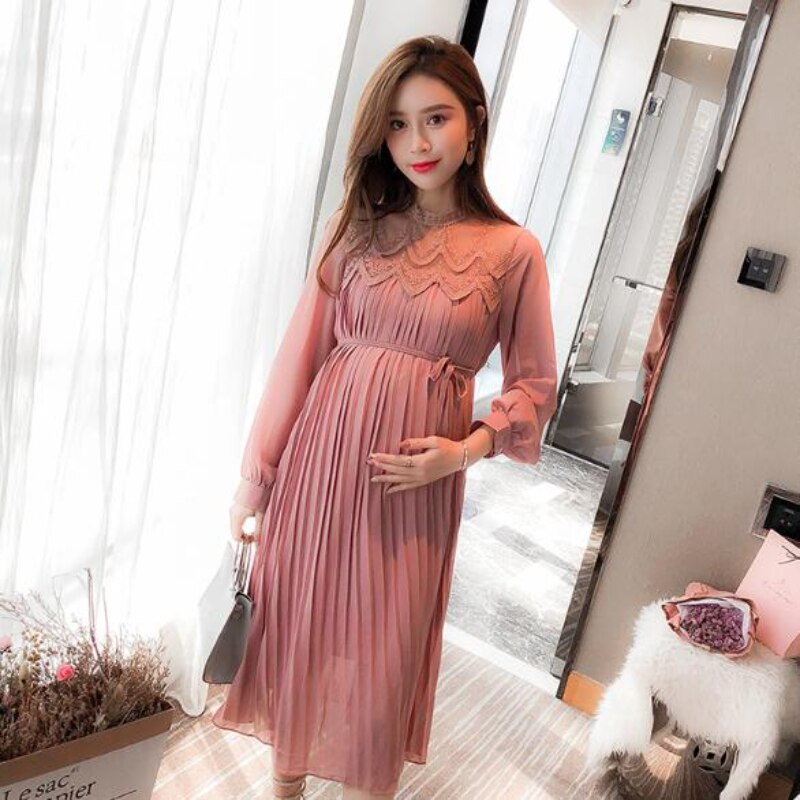 Chiffon Dresses Maternity Clothes For Pregnant Women Long Sleeve Pleated Dresses Pregnancy Maternity Dress Spring