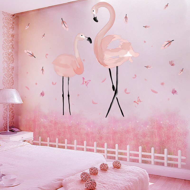 flamingo dyr veggklistremerker gjør-det-selv rosa fugler veggdekor til stue låve soverom barnehage hjem dekorasjon: flamingo og gress 1