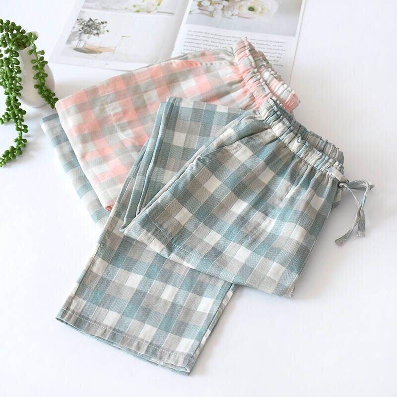 Comfort Gauze Cotton Lovers Plaid Sleep Bottom Thin Loose Men And Women Full Length Pants Spring And Autumn Soft Homewar Bottom