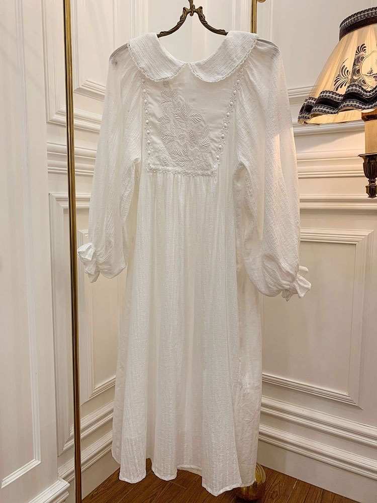 Camisones largos de algodón blanco con bordado Vintage para mujer, ropa de dormir Floral, vestido de noche para primavera y otoño