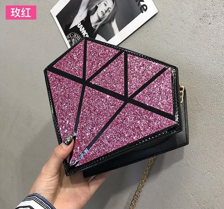 paillettes diamant forme Pu cuir géométrique femmes bandoulière Mini sac de messager sac à bandoulière femme chaîne sac à main: Pink