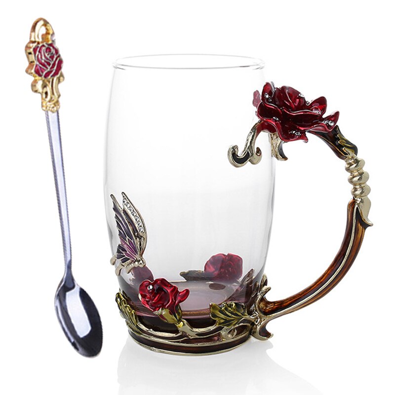 370/320Ml Klassieke 3D Rose Vlinder Gesneden Emaille Crystal Glas Cups Hittebestendig Teacupluxury Huwelijkscadeau: 370ML