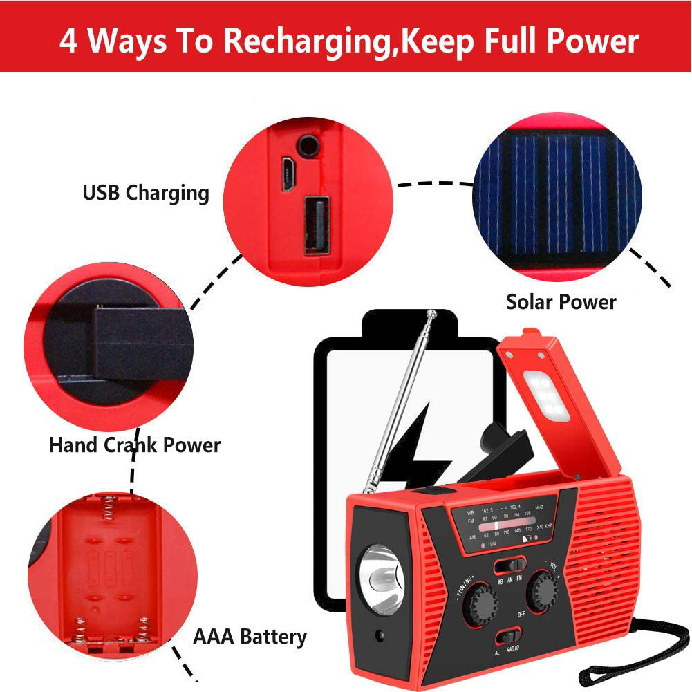 Emergency Solar Powered Hand Crank Phone Charger Dynamo Multi-purpose LED Flashlight AM/FM/WB Weather Radio 2000mAh Power Bank