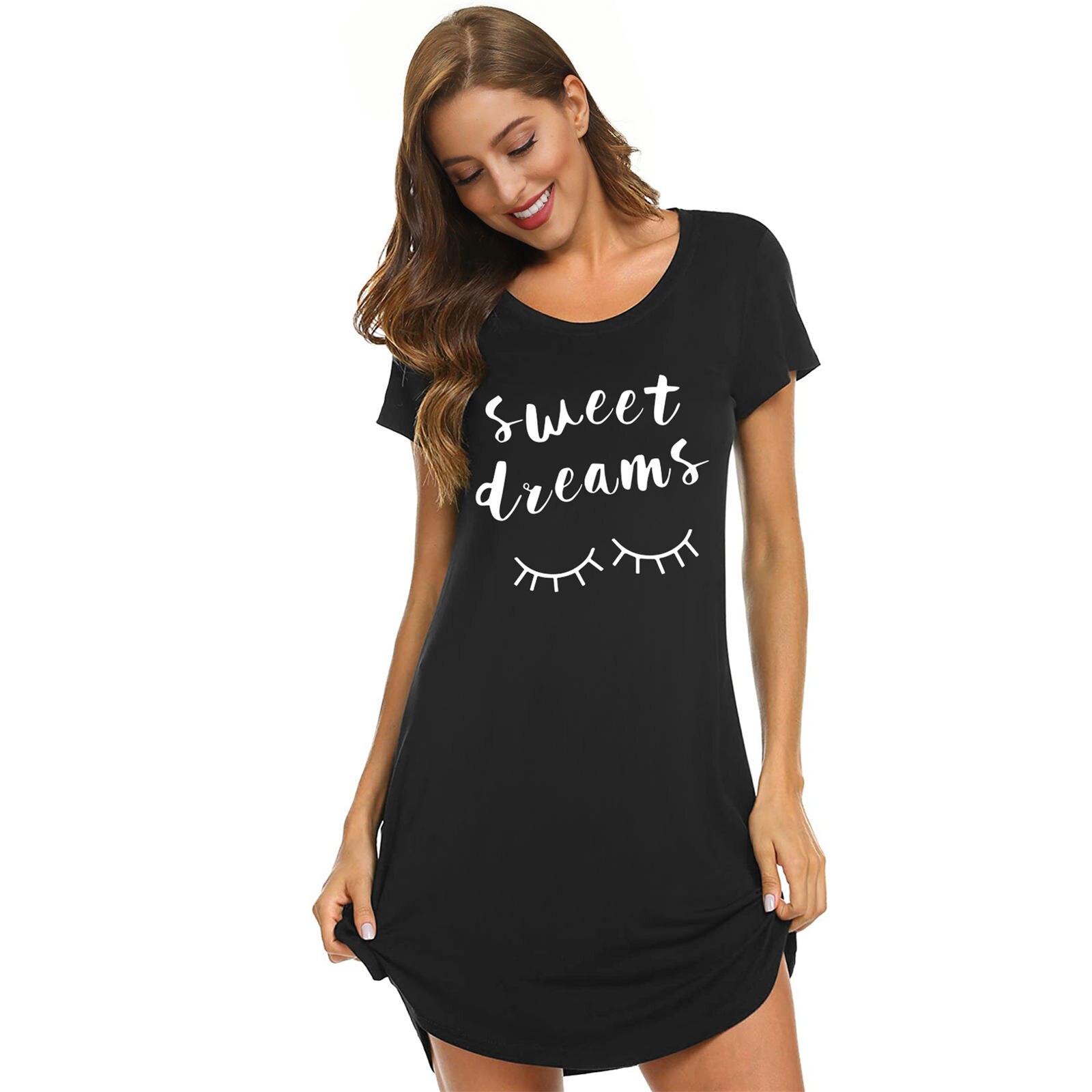 Women Nightgowns Sleeping Short Sleeve Sleep Dress Cute Print Night Sleepshirts Comfy Sleepwear Loose Comfortable Homewear T3