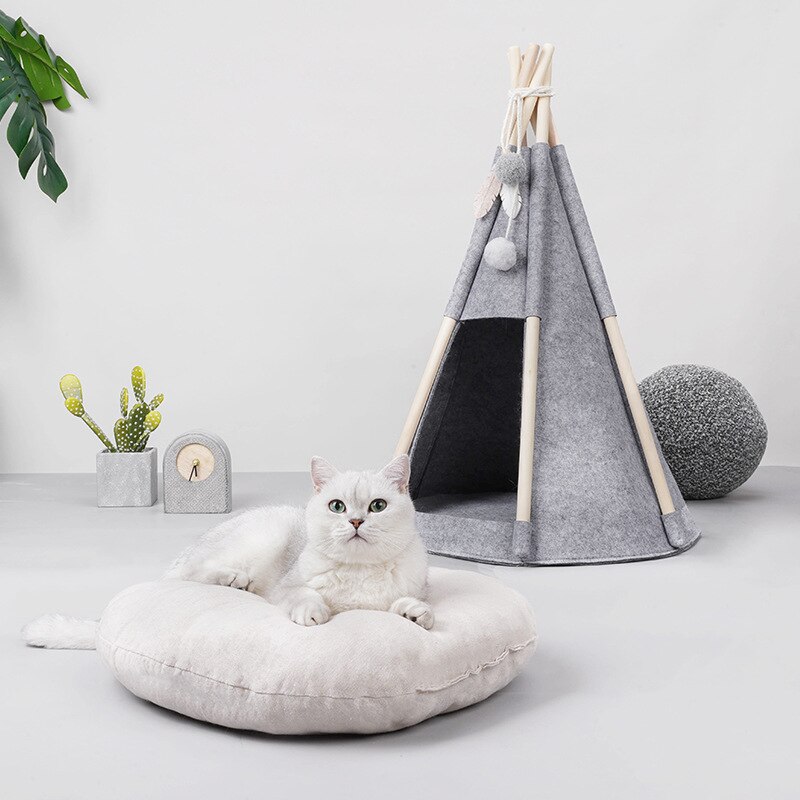 Pet Tent Bed, Pet Teepee Dog Cat Bed with Thick Pad, Dog Supplies Felt Pet Bed, Portable Foldable Durable Pet