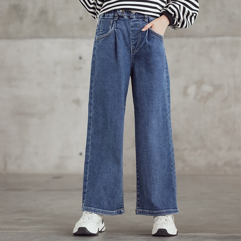Spring Autumn Loose Teenage Girls Wide Leg Jeans Solid Color Casual Trousers Kids Children Denim Pant 10 11 12 13 14 15 16years: 12T