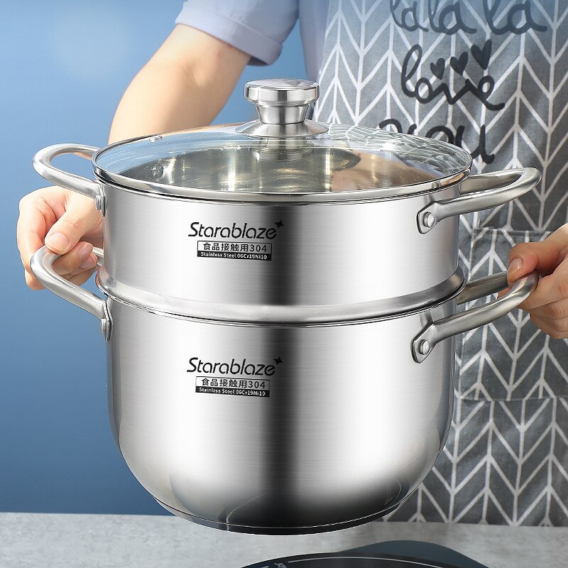 2 Layer Steam Cooker pot,304 Thicken Stainless Steel, Soup Pot with lid Universal for Induction Cooker Gas Stove Steam wok