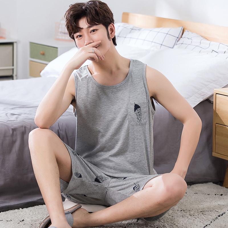 Conjuntos de pijama para hombre, L-XXXXL, chaleco de verano, pijama sencillo, pijama de algodón de Camiseta corta para hombres, pantalón, prendas de vestir de ocio