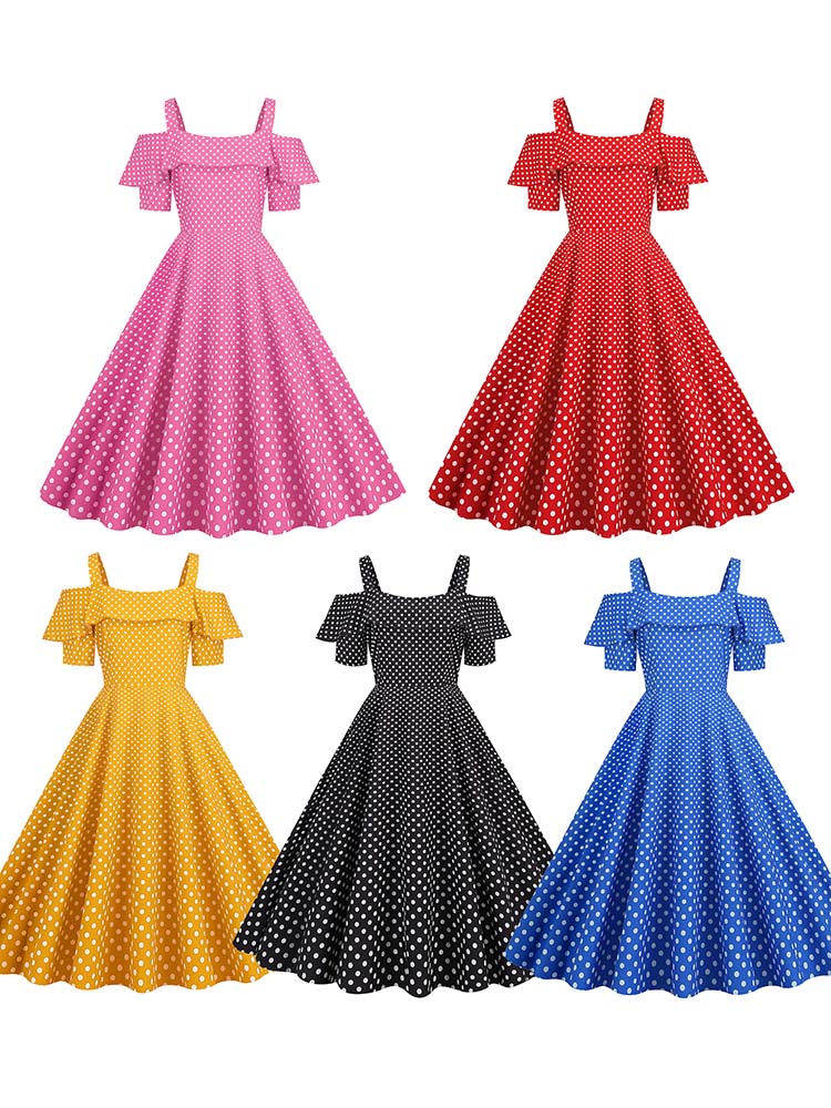 Vestido de Vintage con hombros descubiertos, vestidos Midi de línea A con volantes y lunares de verano para mujer