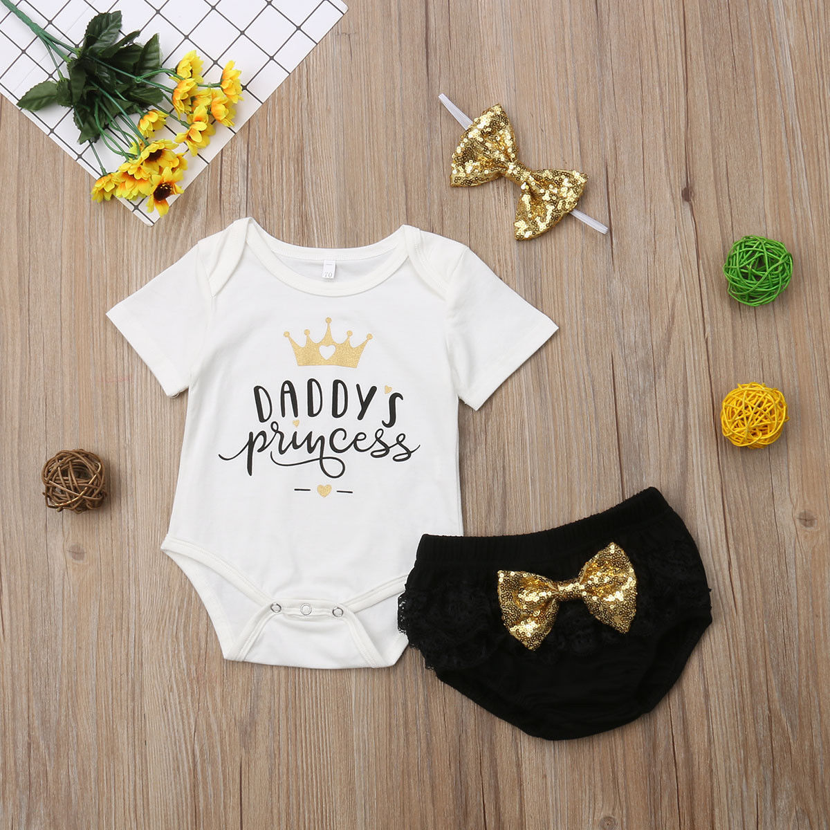 3PCS Baby Girl Outfits Newborn Clothes Kids Tops Girls Bodysuit Shorts Pants Cute Set