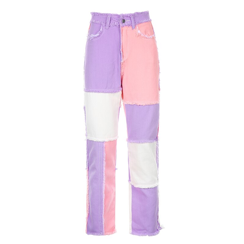 Streetwear dame  y2k bodycon jeans lappeteppe harajuku estetiske bukser jeans høy midje denim 90s jeans cuteandpsycho: Rosa / M