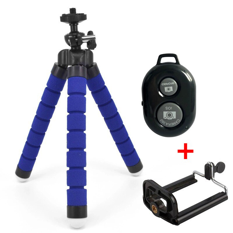Mini trípode para teléfono con Clip Flexible esponja pulpo trípode con Bluetooth obturador remoto bolsillo trípode para iPhone móvil Etc: Blue 3piece