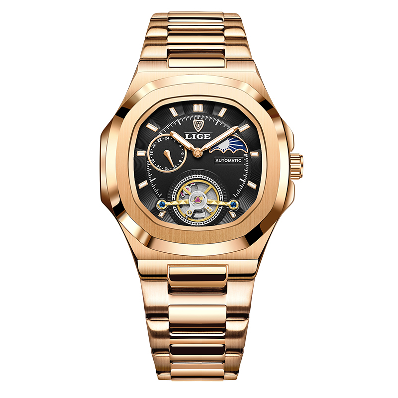 Reloj LIGE Tourbillon de doble segundo, reloj mecánico de 24 horas, reloj auténtico de acero inoxidable para hombre, reloj resistente al agua con brillo nocturno para hombre: Marrón