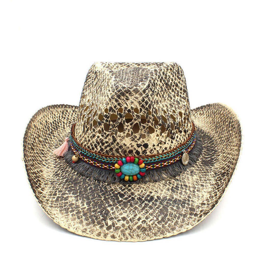 100% Straw Men Western Cowboy Hat Handmade Weave Dad Sombrero Hombre Cowgirl Jazz Caps Punk Belt Band Size 56-58CM: C5 CAK