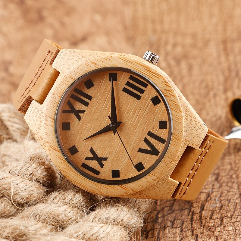 Reloj hecho a mano de madera natural relojes de madera de bambú creativos para hombre, reloj de pulsera con número de talla Simple, artículo de para hombre