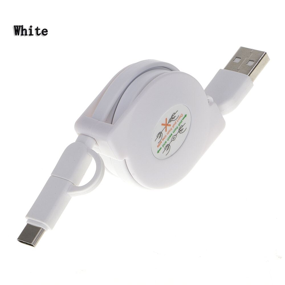 100cm rull linjal 2 in 1 usb datasynkroniseringskabel for lader android+type c micro universal uttrekkbar usb-kabel: Hvit