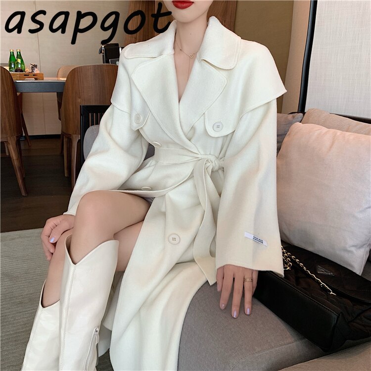 Chic Vintage blanc revers Double boutonnage Trench femmes à lacets longues taille manteau de laine automne hiver tempérament en vrac