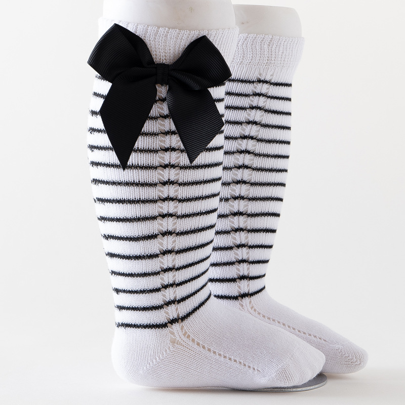 Streep Bowkot Baby Sokken Herfst Winter Soft Warm Kids Hoge Sokken Elastische Katoenen Baby Meisje Jongen Sokken Baby Voet Accessoires: 1