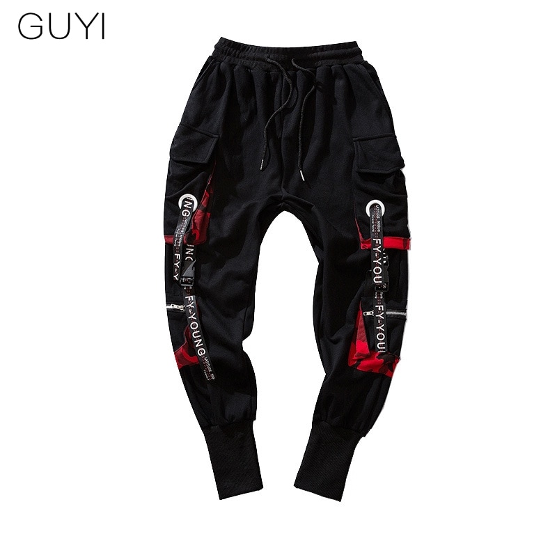 Hip Hop Joggers Cargo Broek Voor Mannen Blok Hit Kleur Pocket Track Broek Mannelijke Broek Joggingbroek Streetwear Brief Linten Casual