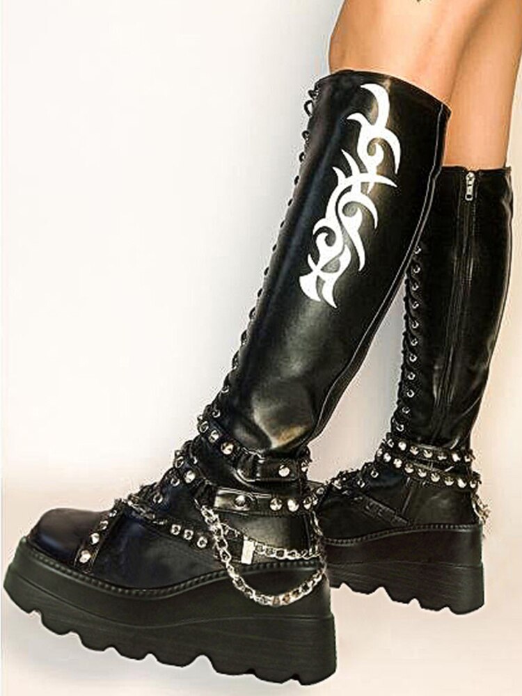 Botas con cuña gótica para mujer, zapatos con plataforma y cremallera de llama, con remaches gruesos negros, estilo Punk, Rock, otoño: 9