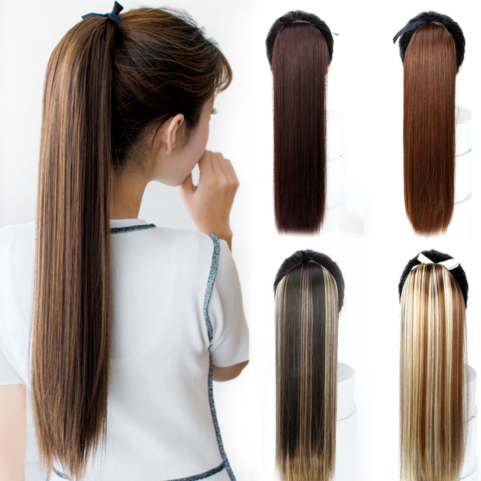 DIFEI Lange Rechte Wrap around Paardenstaart Extensions Synthetische Clip in Paardenstaart Hair Extensions Haarstukje voor Vrouwen