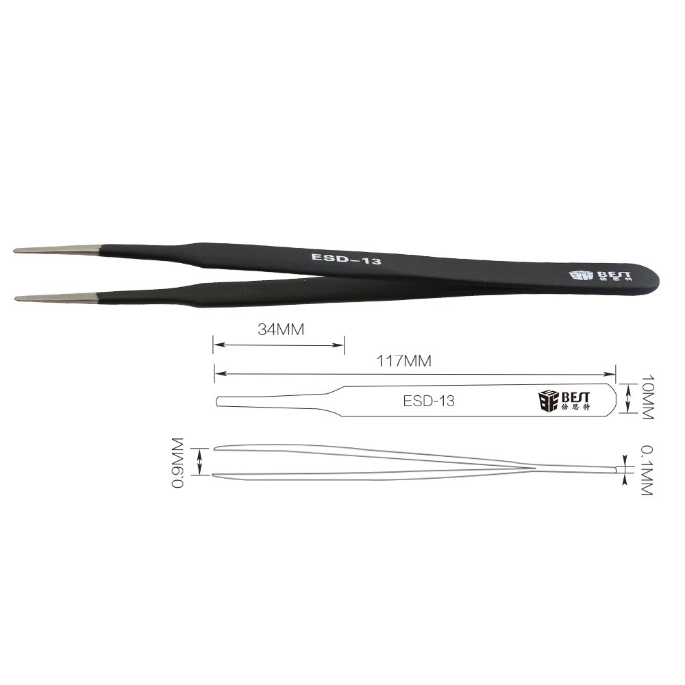 Stainless steel anti-static Black Metal Hand Tool Pincers Straight ESD Tweezers for phone repair