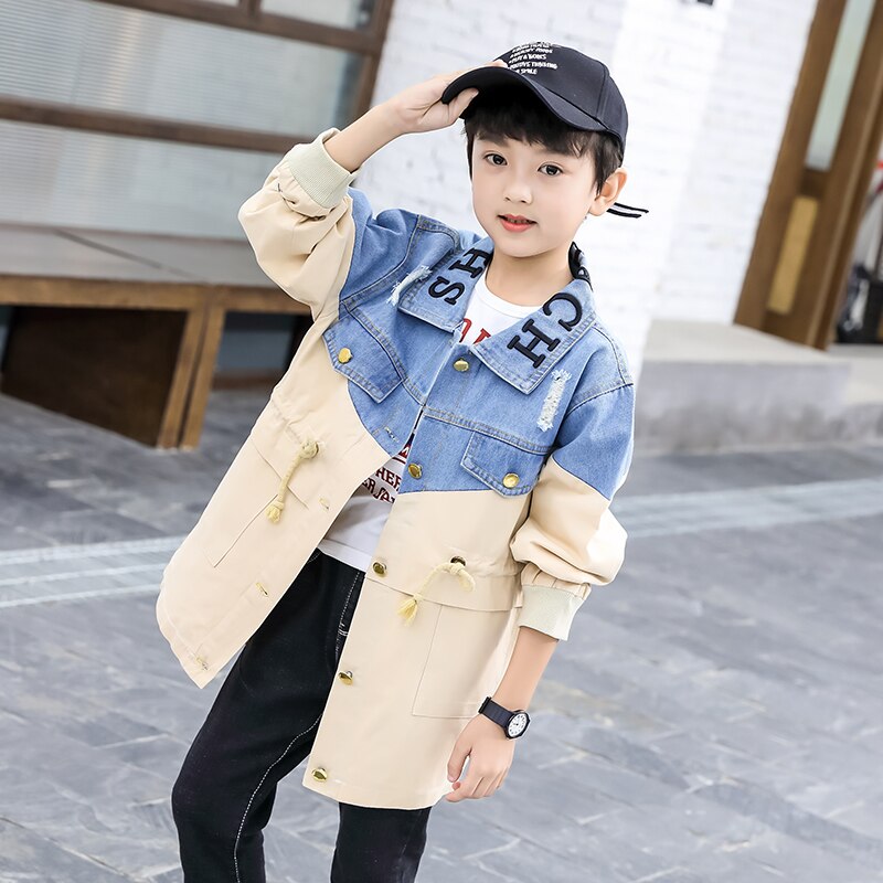 Boys Denim Trench 3-13 years old Korean Spring and Autumn Children's Clothing Letter Turn-down Collar Kids Clothes: 160