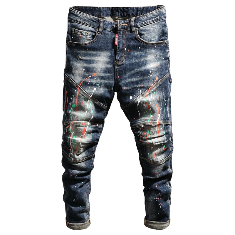 Streetwear mænd jeans maling revet jeans mænd elastisk splejset denim biker bukser hip hop slanke jeans