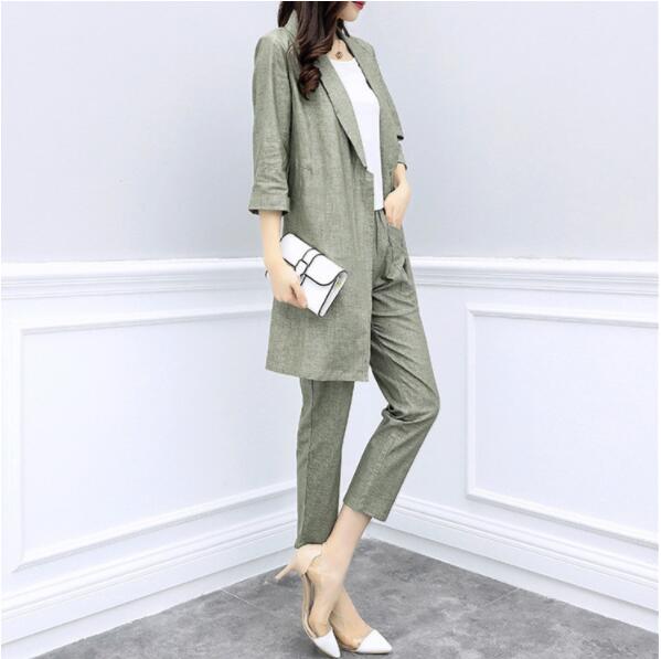 Conjunto de blazers feminino, 2 peças, primavera e outono, algodão, elegante, casual, escritório, estilo feminino, calças compridas, conjunto