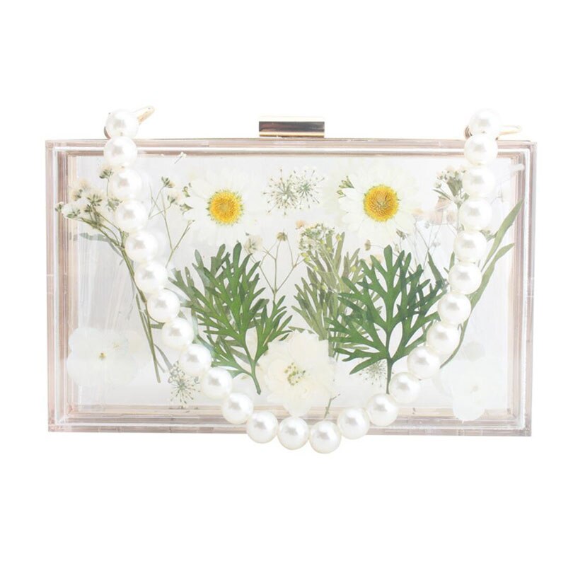 Bolso de mano de plástico con flores transparentes para mujer, bolsa de hombro transparente, de noche, con perlas: D Style 01