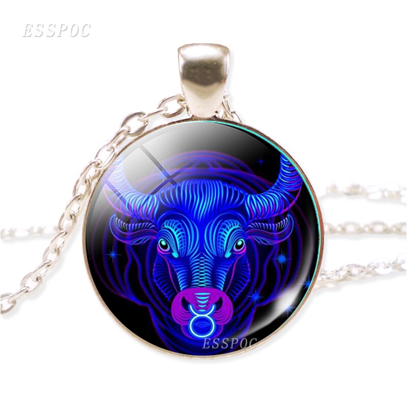 Twelve Constellation Chain Necklace Glass Alloy Zodiac Sign Pendant Necklace Charm Jewelry for Women: Taurus